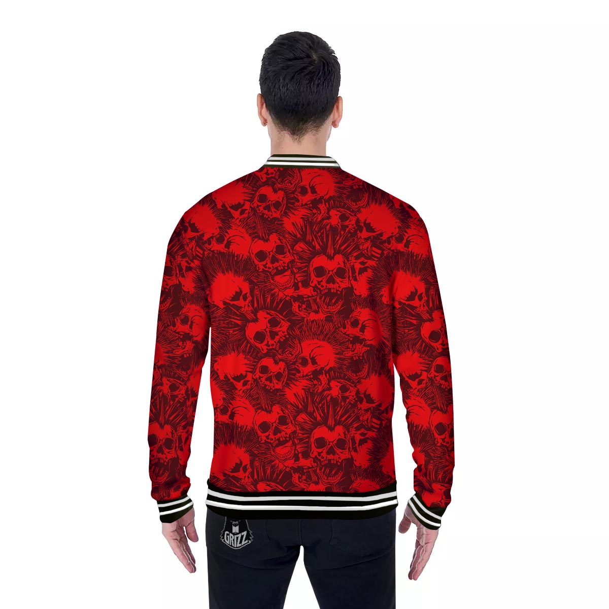 Skull Punk Red Print Pattern Baseball Jacket-grizzshop