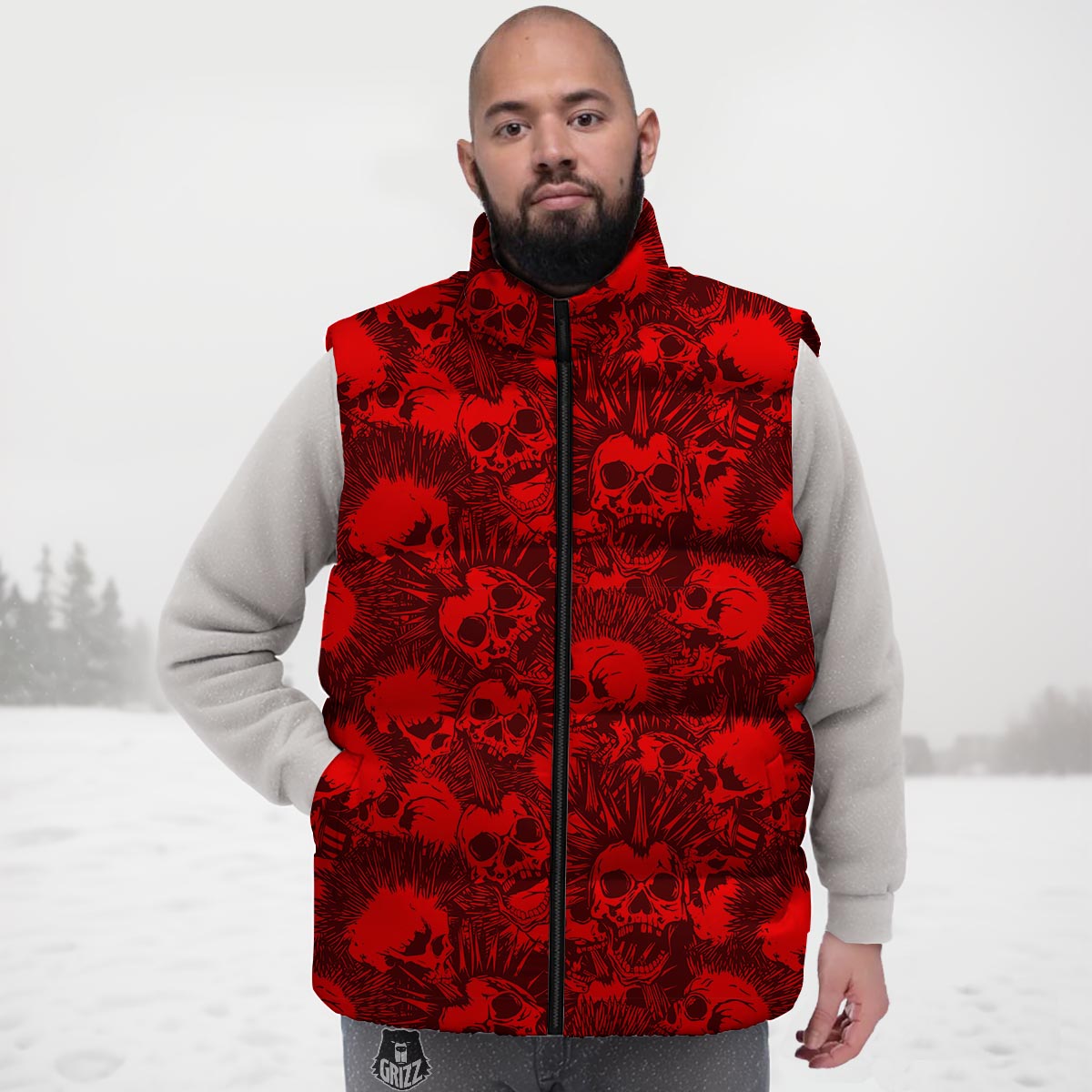 Skull Punk Red Print Pattern Down Vest-grizzshop