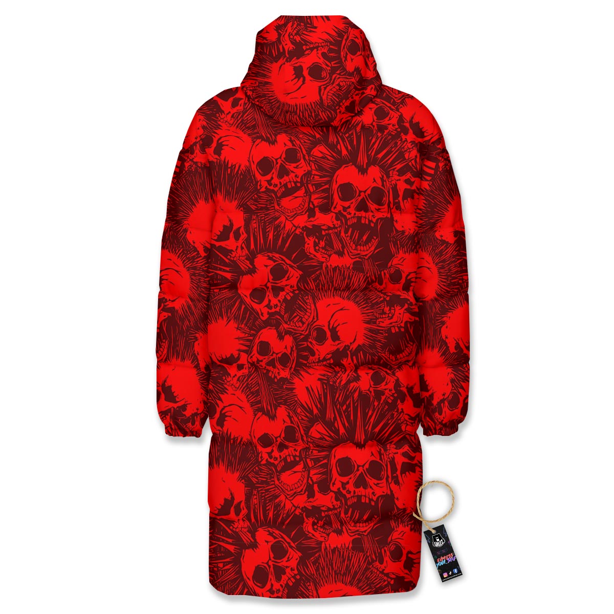 Skull Punk Red Print Pattern Long Down Jacket-grizzshop