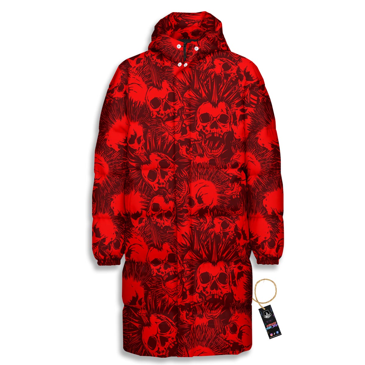 Skull Punk Red Print Pattern Long Down Jacket-grizzshop