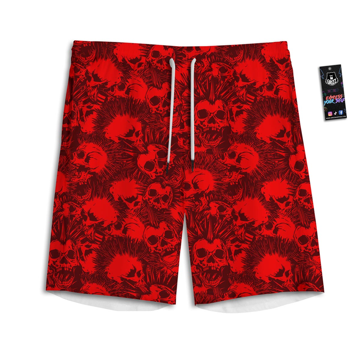 Skull Punk Red Print Pattern Men's Athletic Shorts