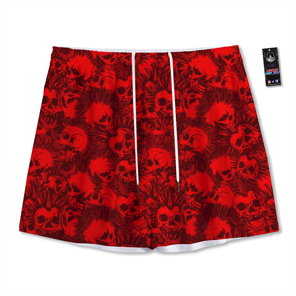 Skull Punk Red Print Pattern Mesh Shorts