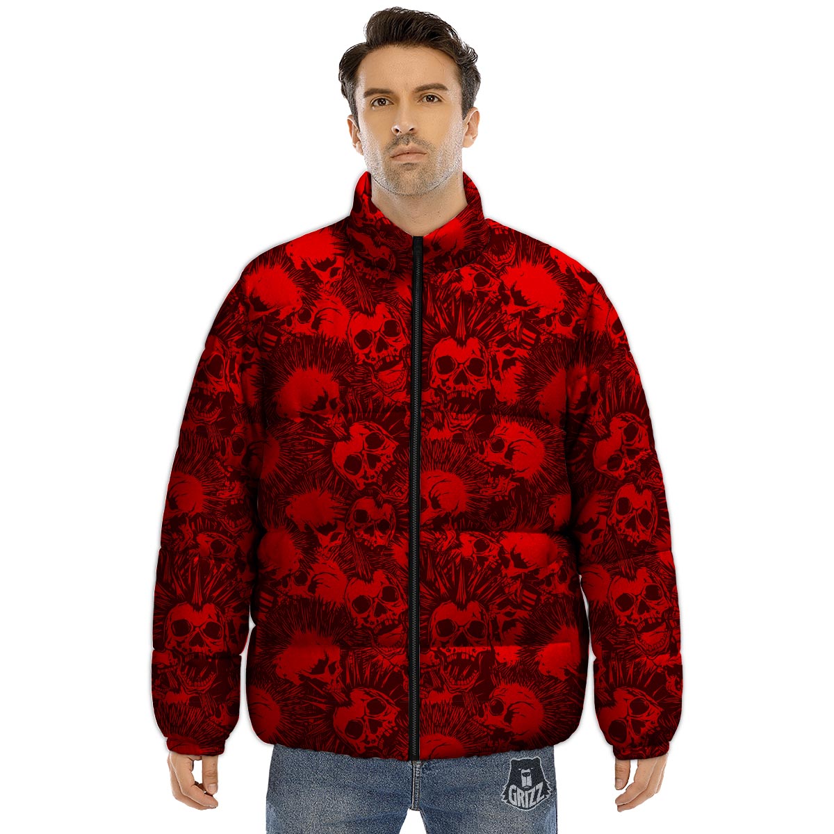 Skull Punk Red Print Pattern Puffer Jacket-grizzshop