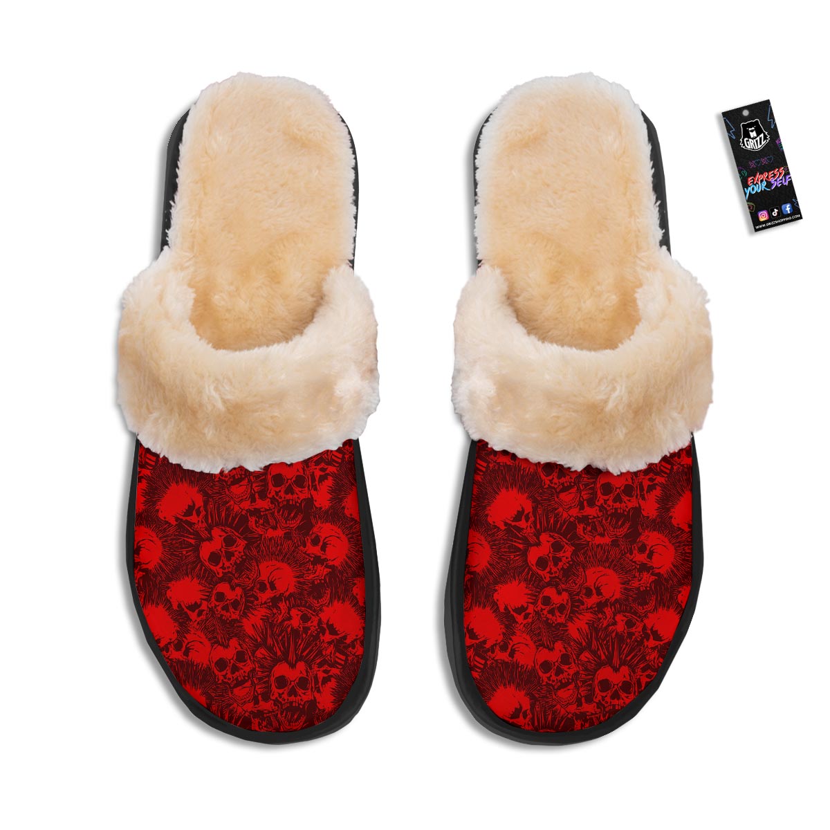 Skull Punk Red Print Pattern Slippers-grizzshop