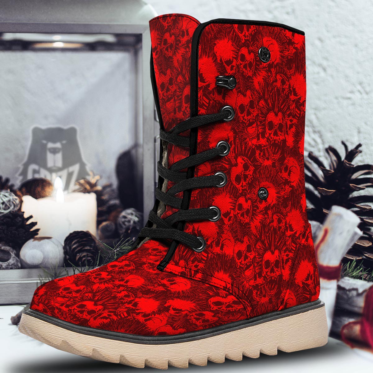Skull Punk Red Print Pattern Snow Boots-grizzshop