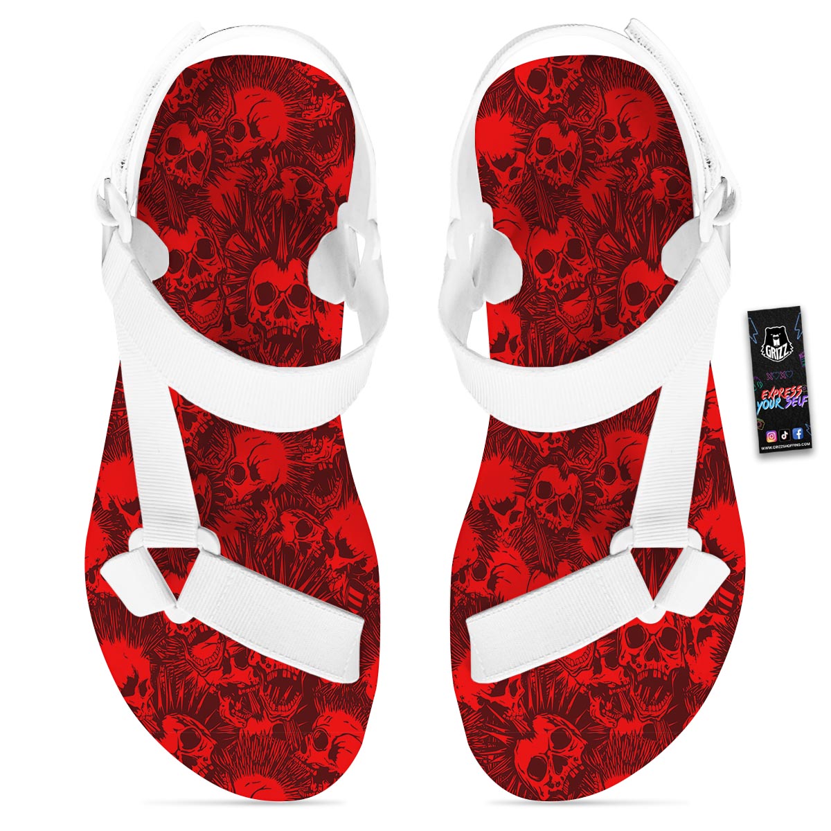 Skull Punk Red Print Pattern White Open Toe Sandals-grizzshop