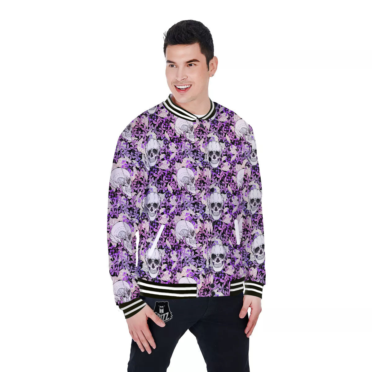 Skull Purple Tropical Print Pattern Baseball Jacket-grizzshop