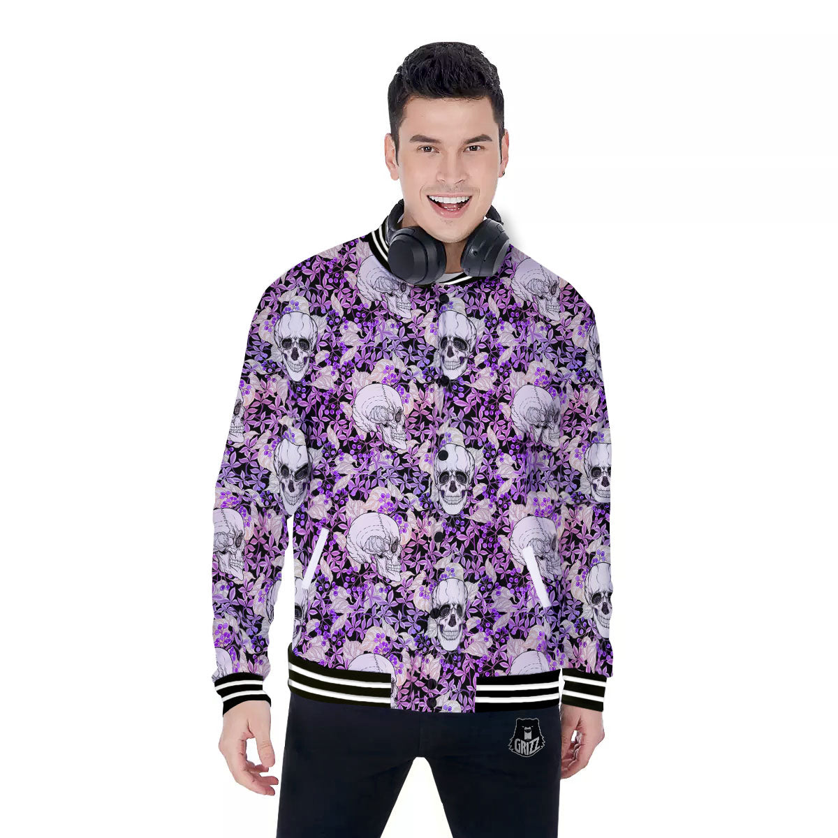 Skull Purple Tropical Print Pattern Baseball Jacket-grizzshop