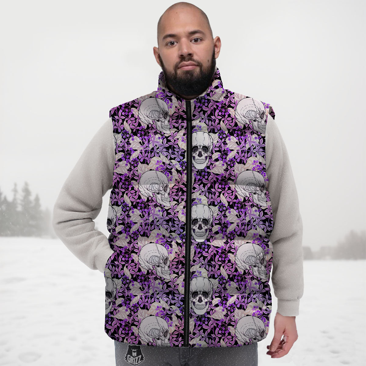 Skull Purple Tropical Print Pattern Down Vest-grizzshop