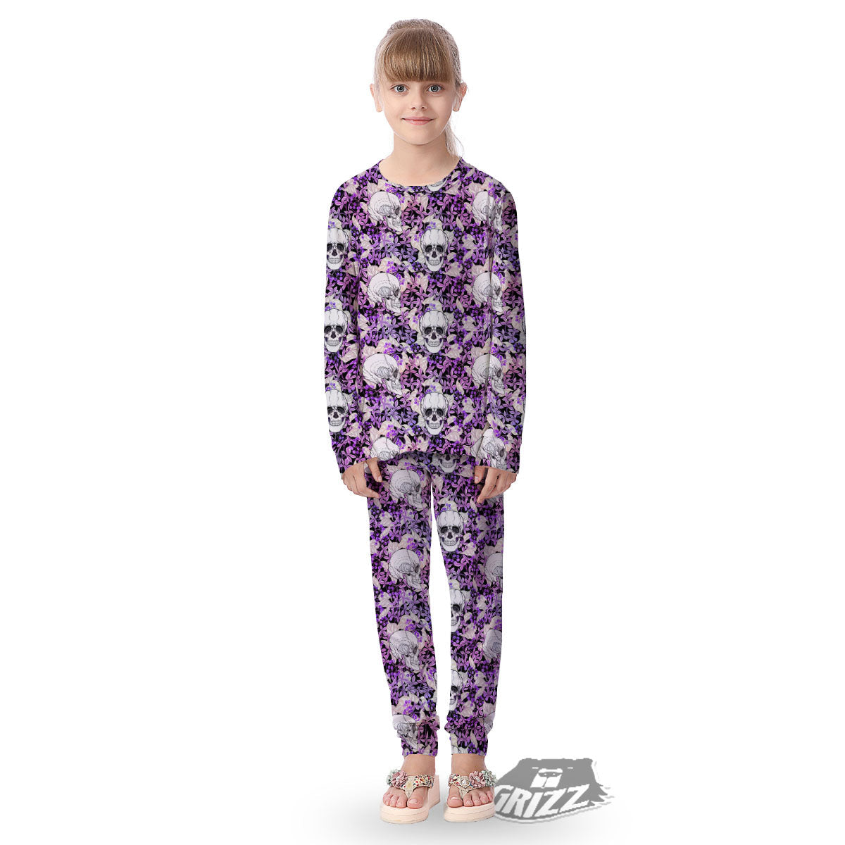 Skull Purple Tropical Print Pattern Kid's Pajamas-grizzshop