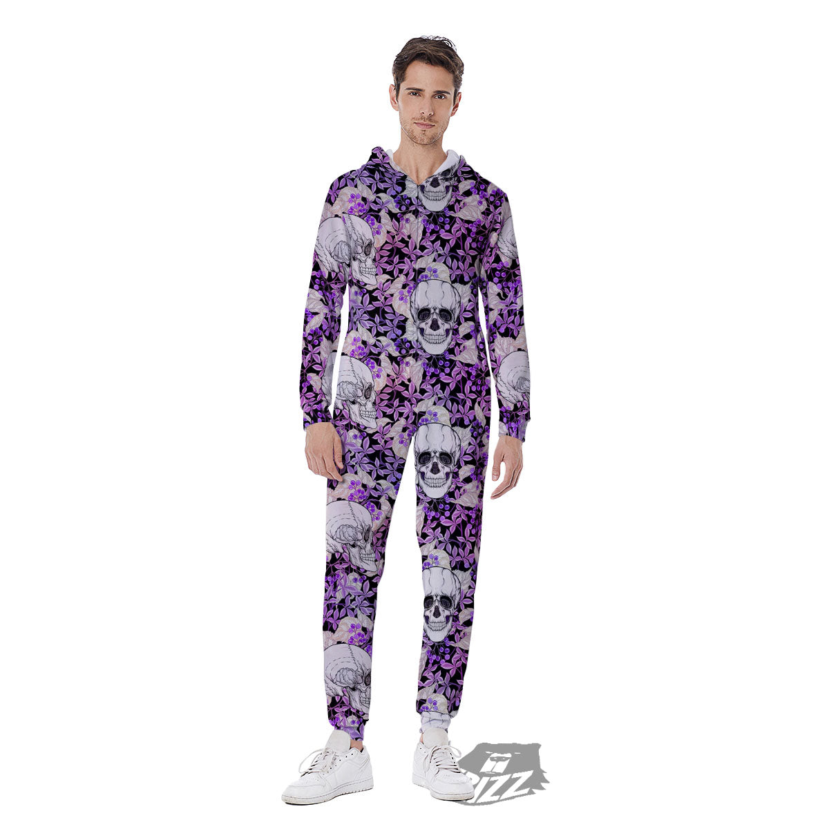 Skull Purple Tropical Print Pattern Men's Jumpsuit-grizzshop