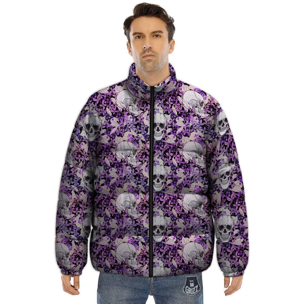 Skull Purple Tropical Print Pattern Puffer Jacket-grizzshop