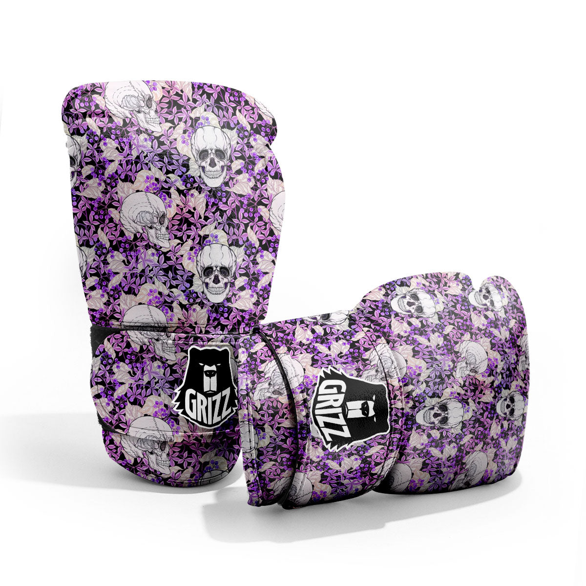 Skull Purple Tropical Print Pattern Sparring Gloves-grizzshop