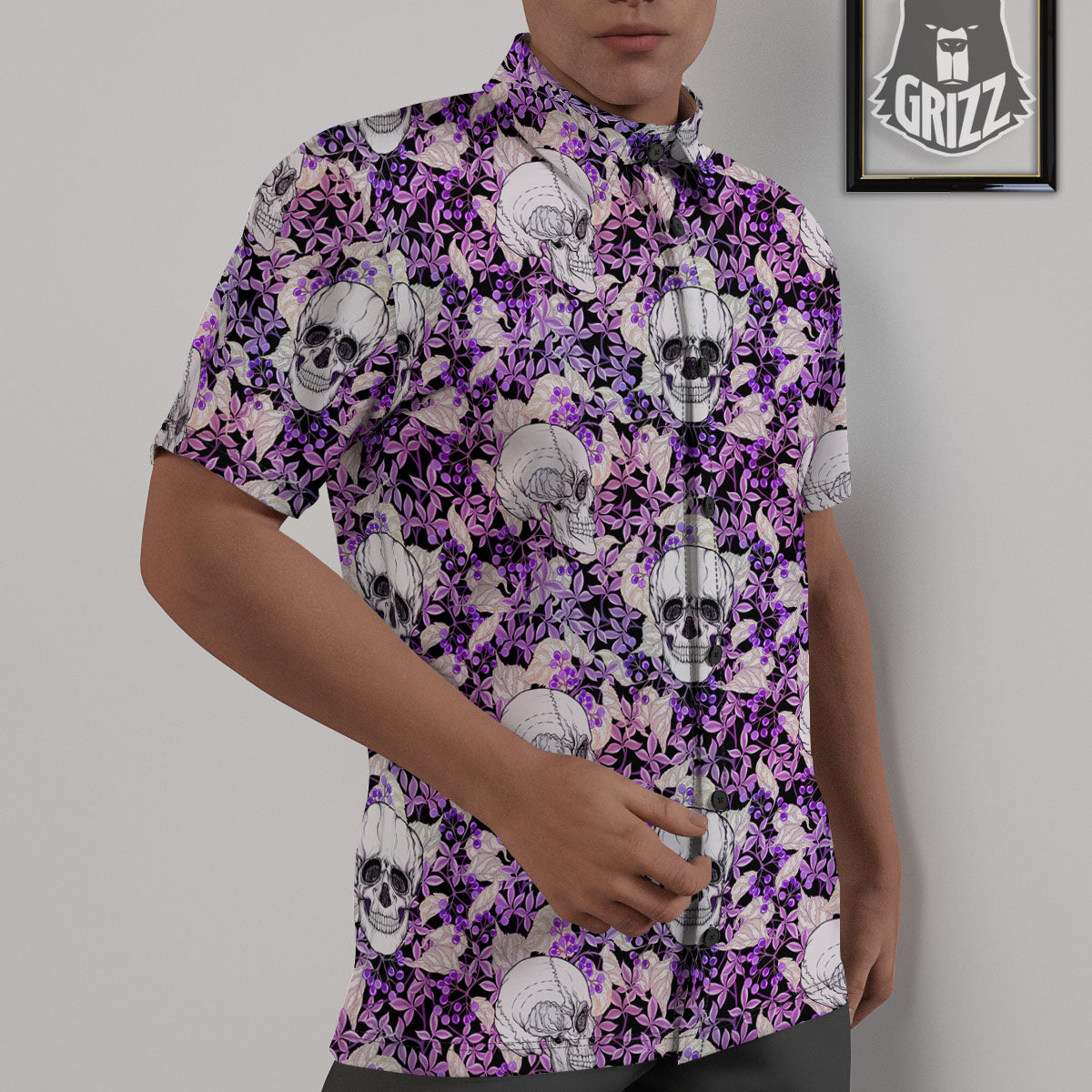 Skull Purple Tropical Print Pattern Untucked Shirts-grizzshop