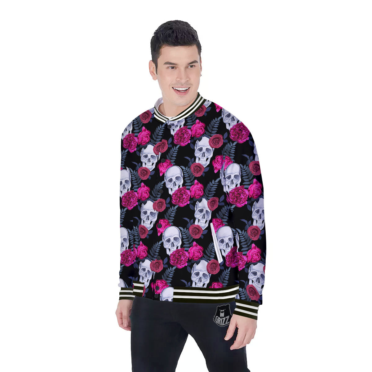 Skull Red Peony Print Pattern Baseball Jacket-grizzshop