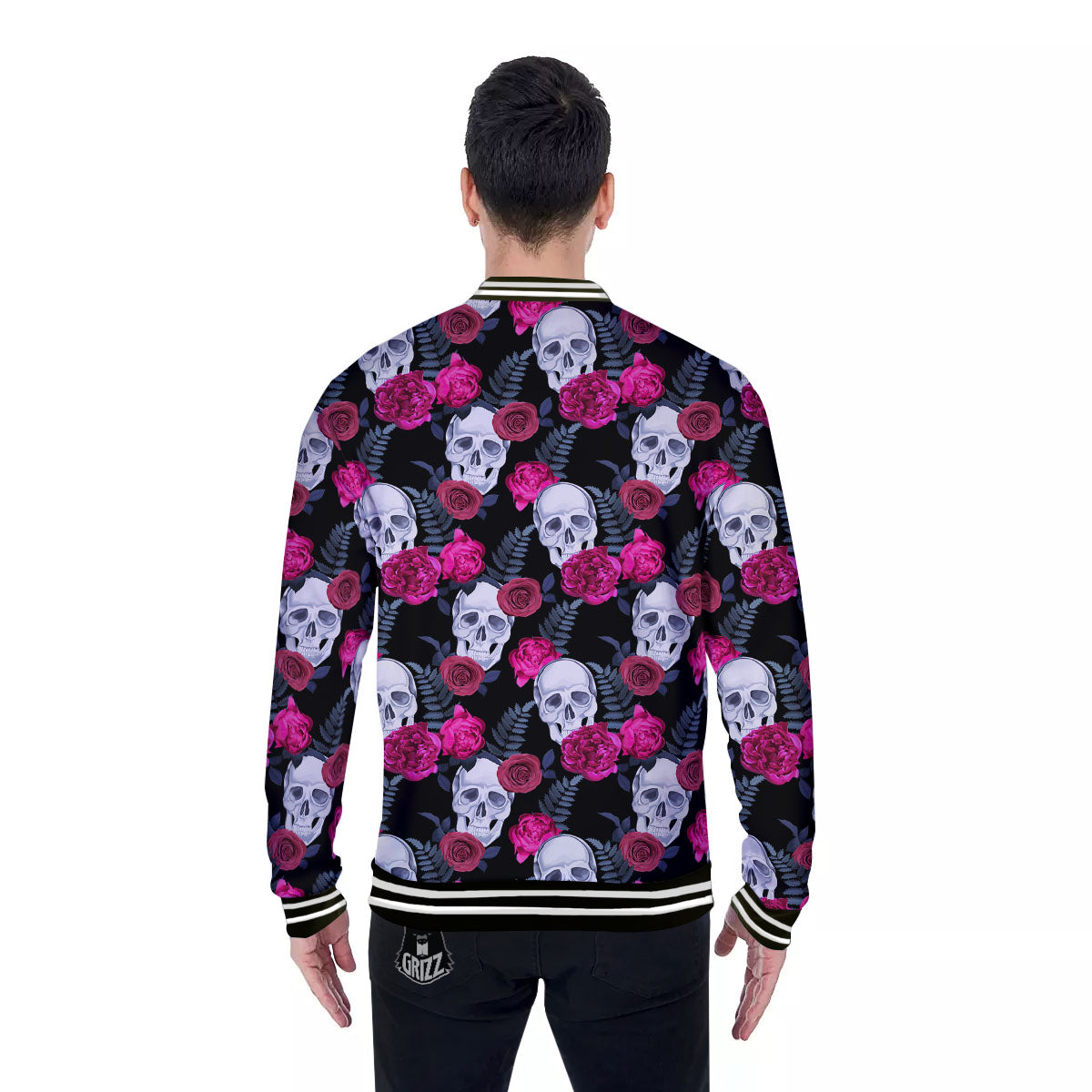 Skull Red Peony Print Pattern Baseball Jacket-grizzshop