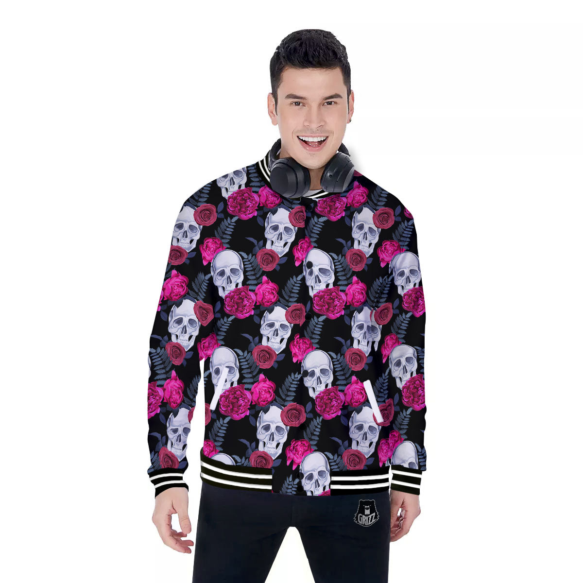 Skull Red Peony Print Pattern Baseball Jacket-grizzshop