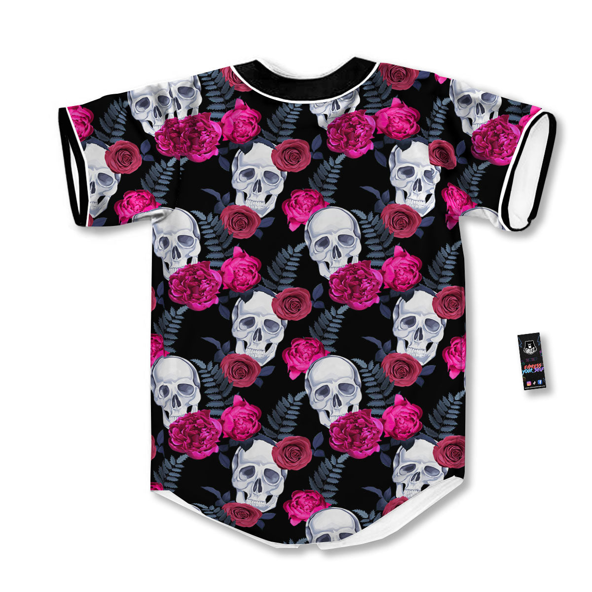 Skull Red Peony Print Pattern Baseball Jersey-grizzshop