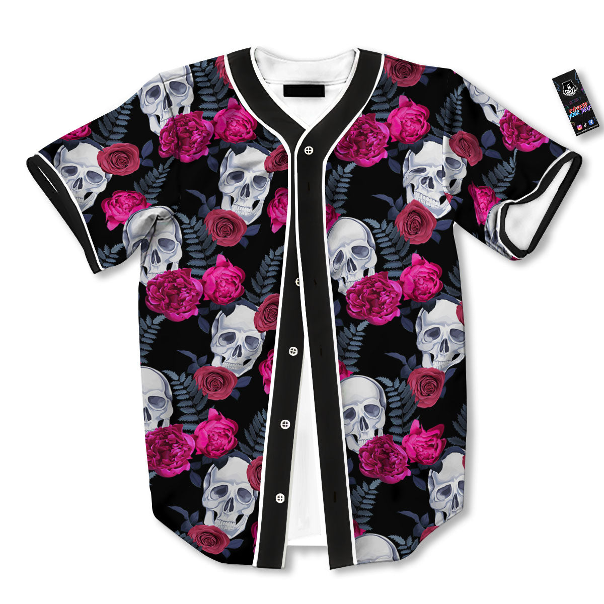 Skull Red Peony Print Pattern Baseball Jersey-grizzshop