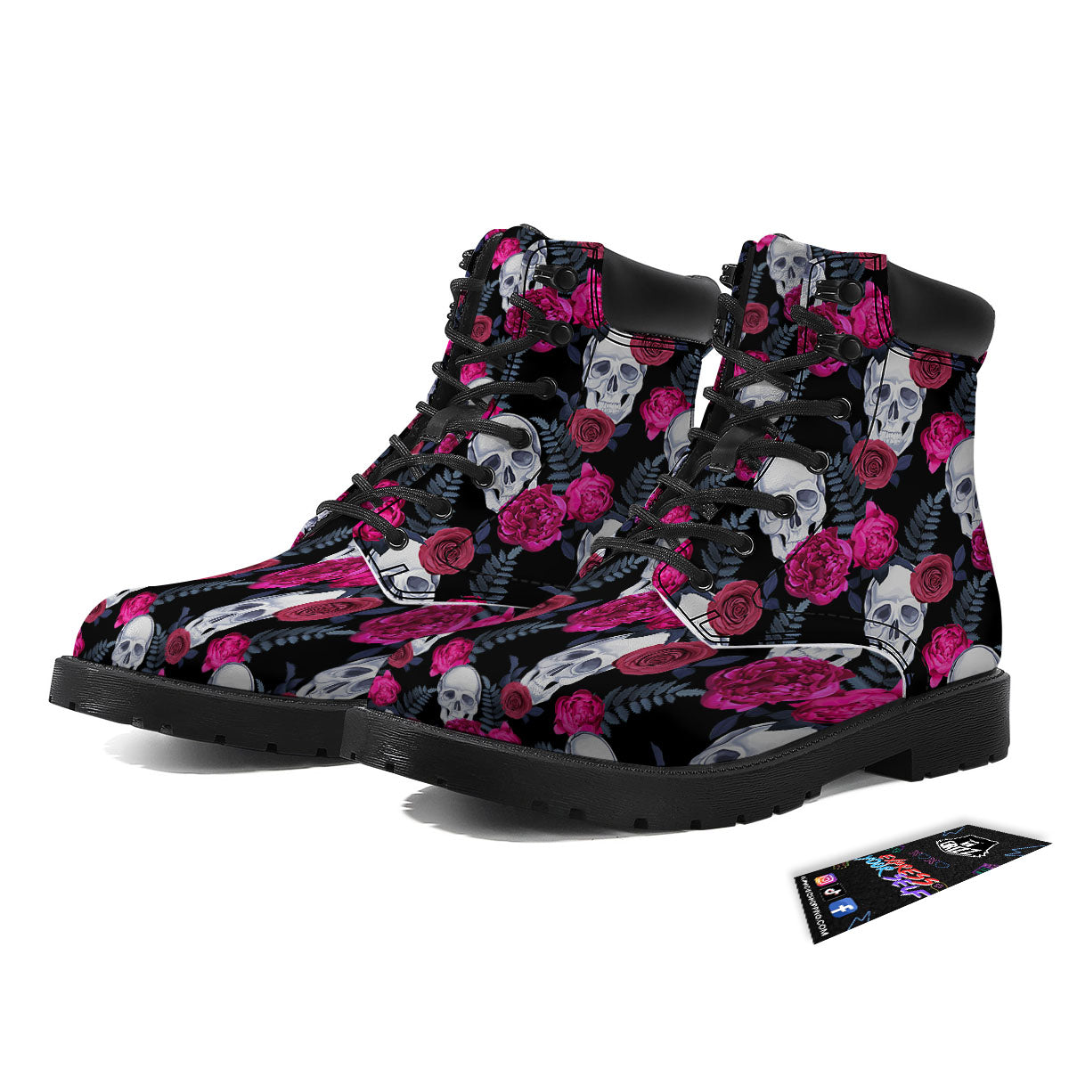 Skull Red Peony Print Pattern Boots-grizzshop
