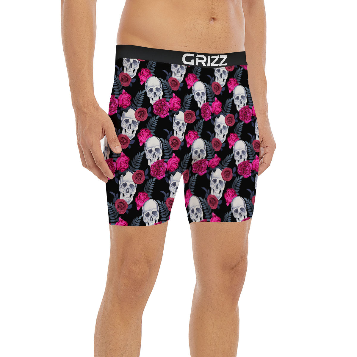 Skull Red Peony Print Pattern Boxer Briefs-grizzshop