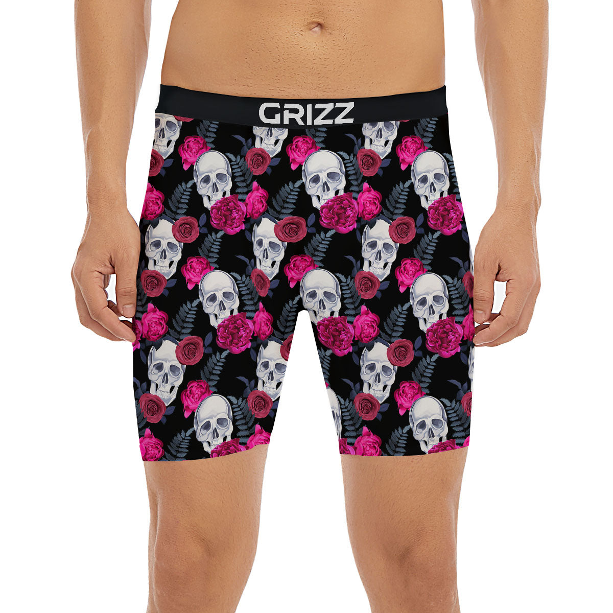 Skull Red Peony Print Pattern Boxer Briefs-grizzshop