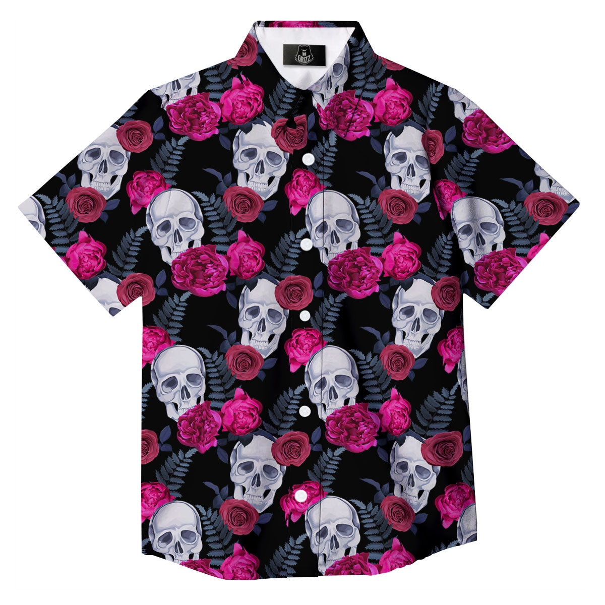 Skull Red Peony Print Pattern Button Up Shirt-grizzshop