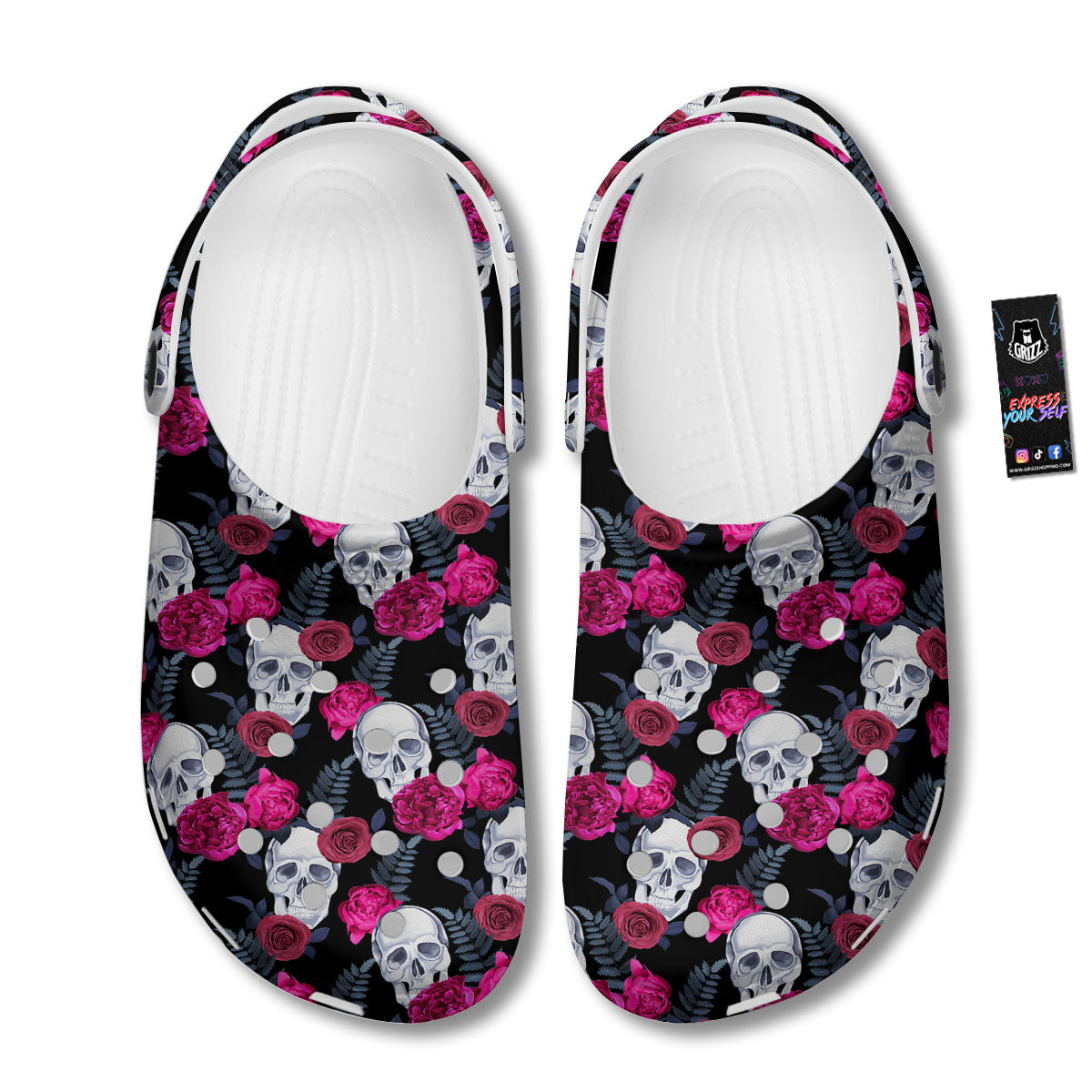 Skull Red Peony Print Pattern Clog-grizzshop