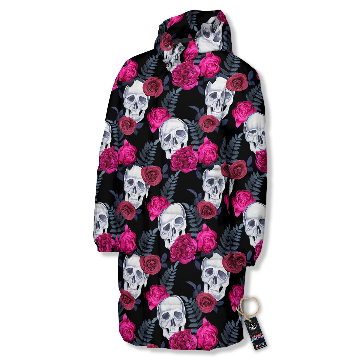 Skull Red Peony Print Pattern Long Down Jacket-grizzshop