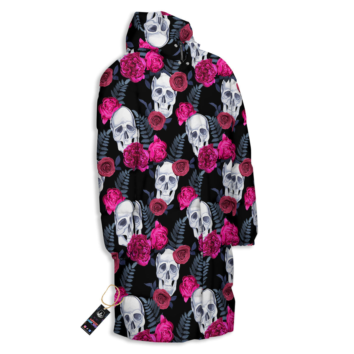 Skull Red Peony Print Pattern Long Down Jacket-grizzshop