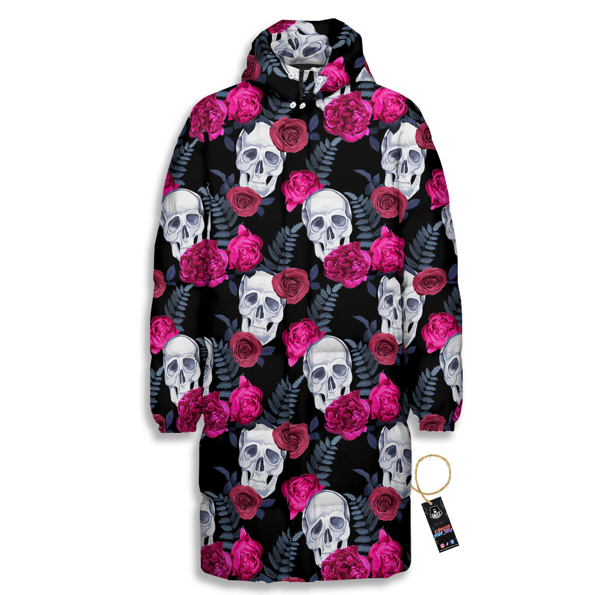 Skull Red Peony Print Pattern Long Down Jacket-grizzshop