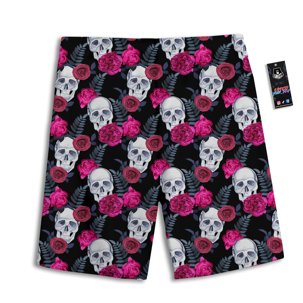 Skull Red Peony Print Pattern Men's Athletic Shorts
