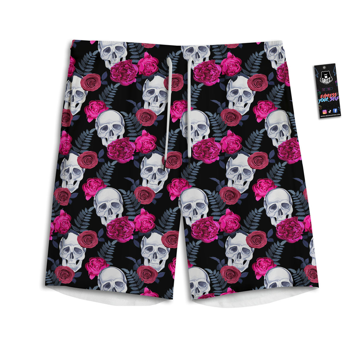 Skull Red Peony Print Pattern Men's Athletic Shorts