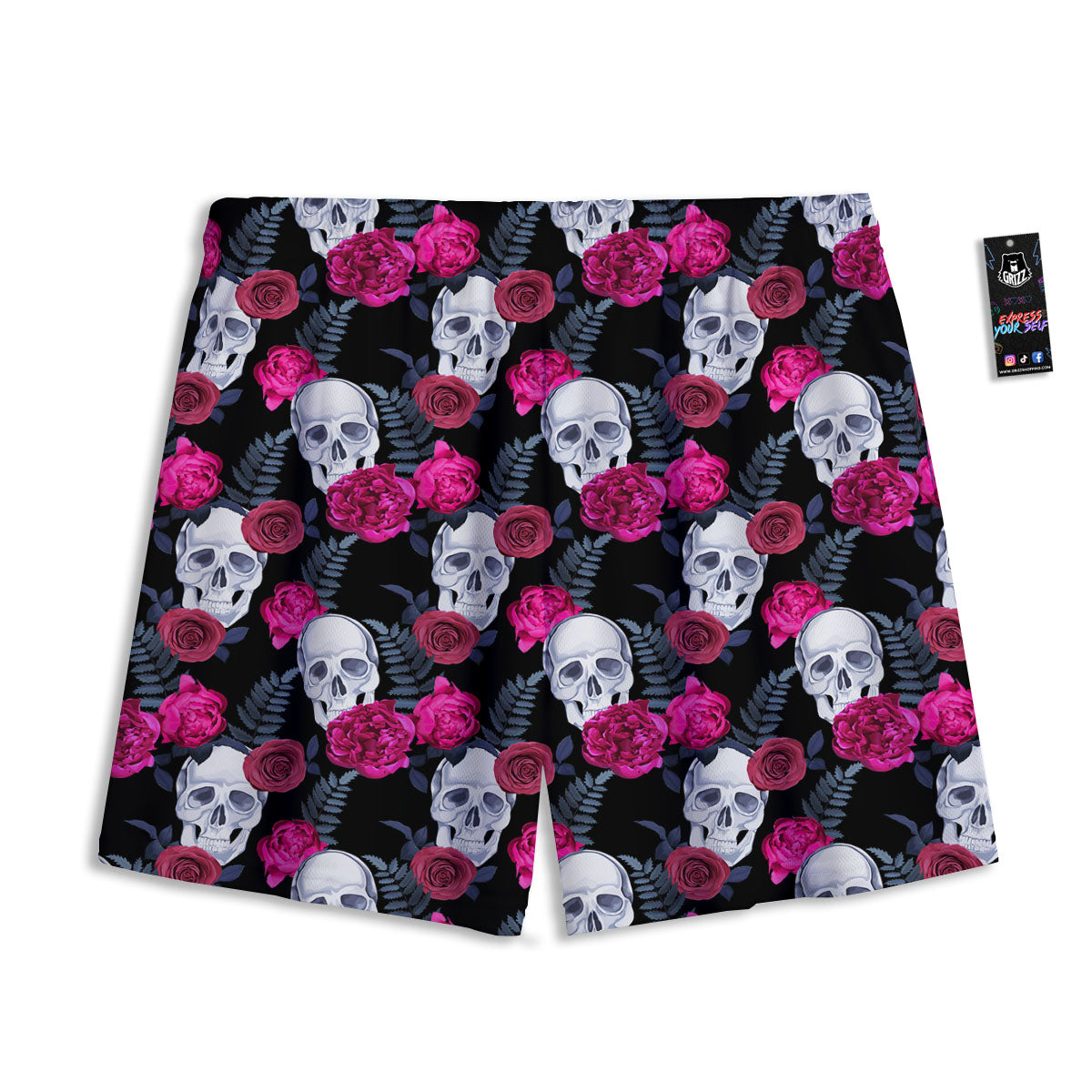 Skull Red Peony Print Pattern Mesh Shorts