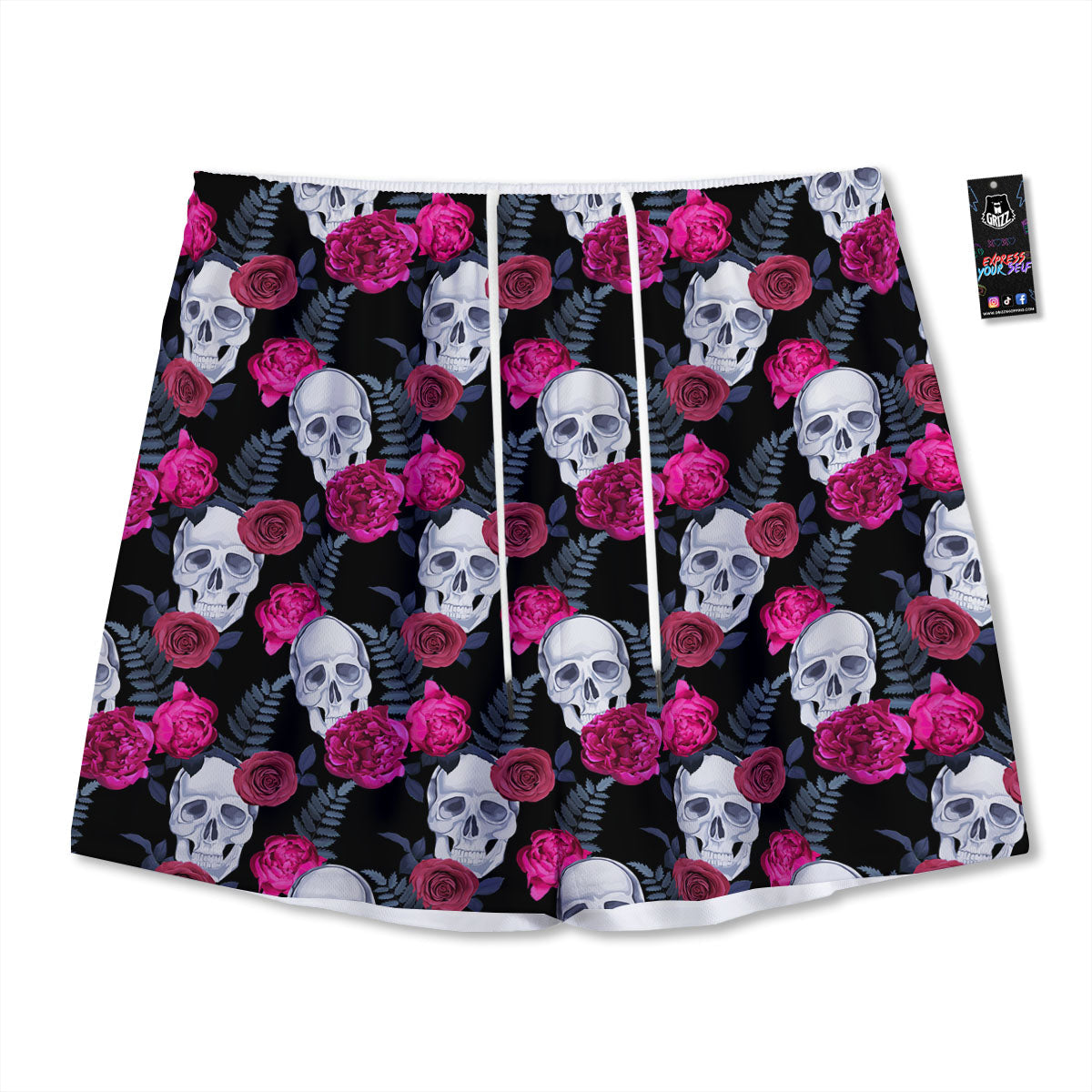 Skull Red Peony Print Pattern Mesh Shorts
