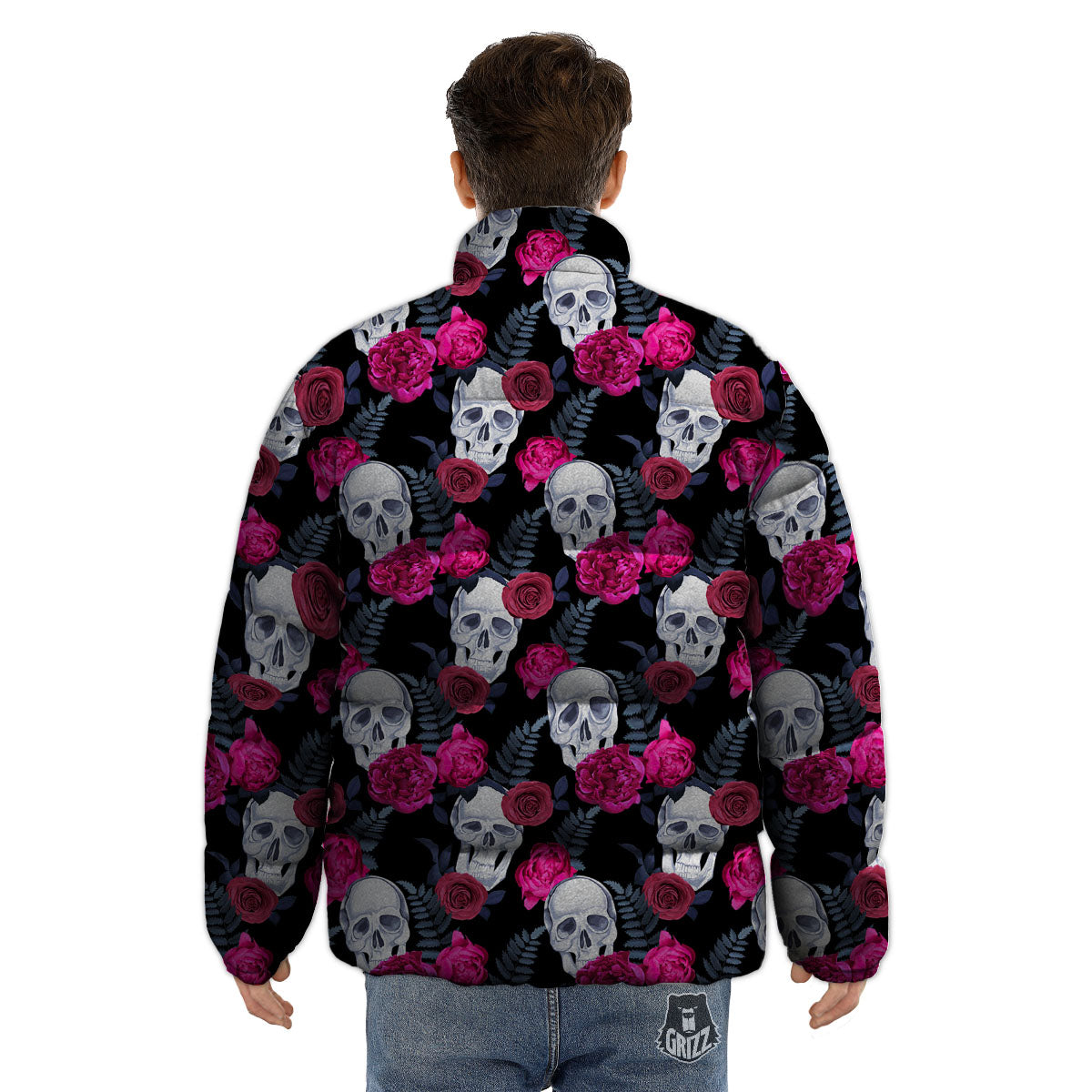 Skull Red Peony Print Pattern Puffer Jacket-grizzshop