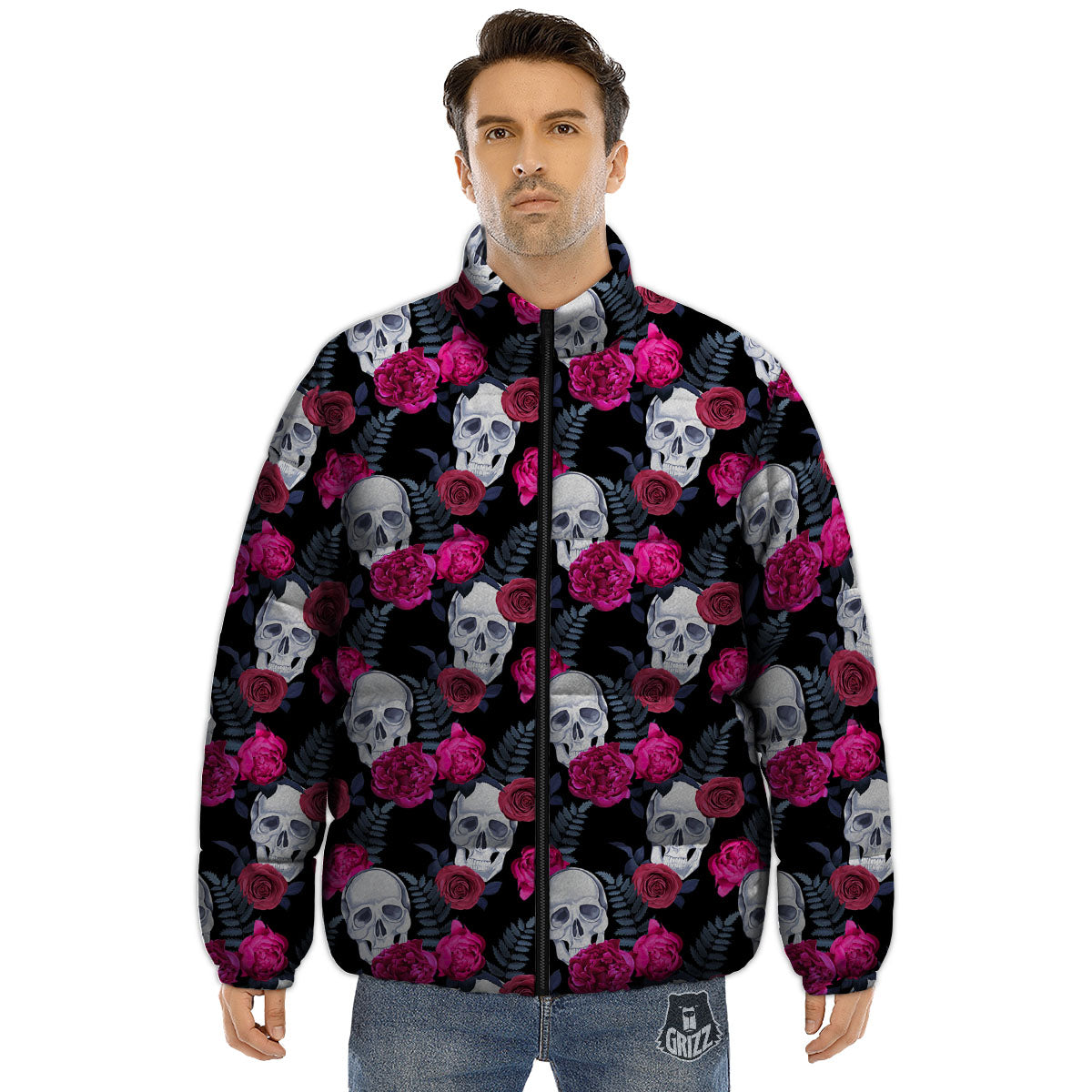 Skull Red Peony Print Pattern Puffer Jacket-grizzshop