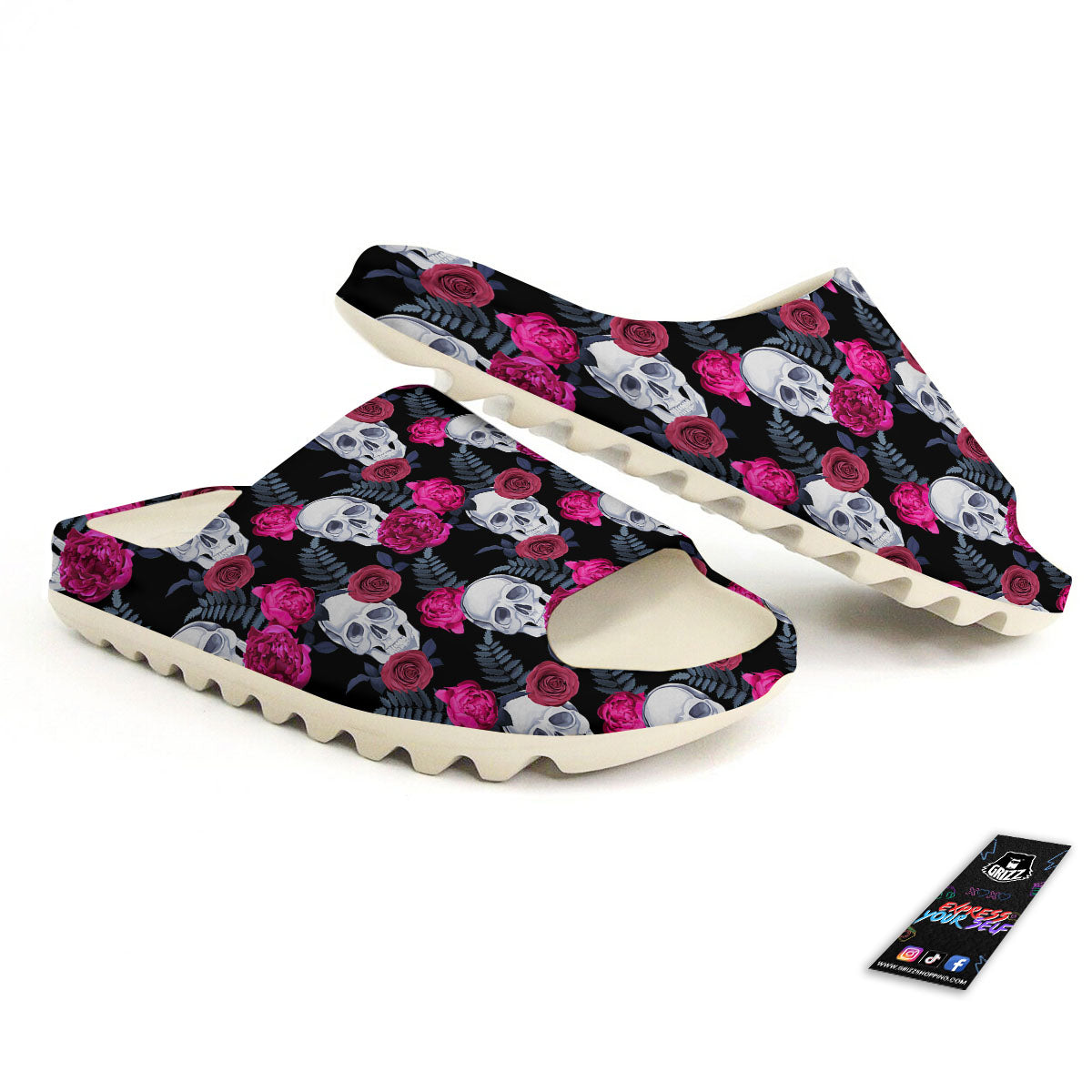 Skull Red Peony Print Pattern Sandals-grizzshop