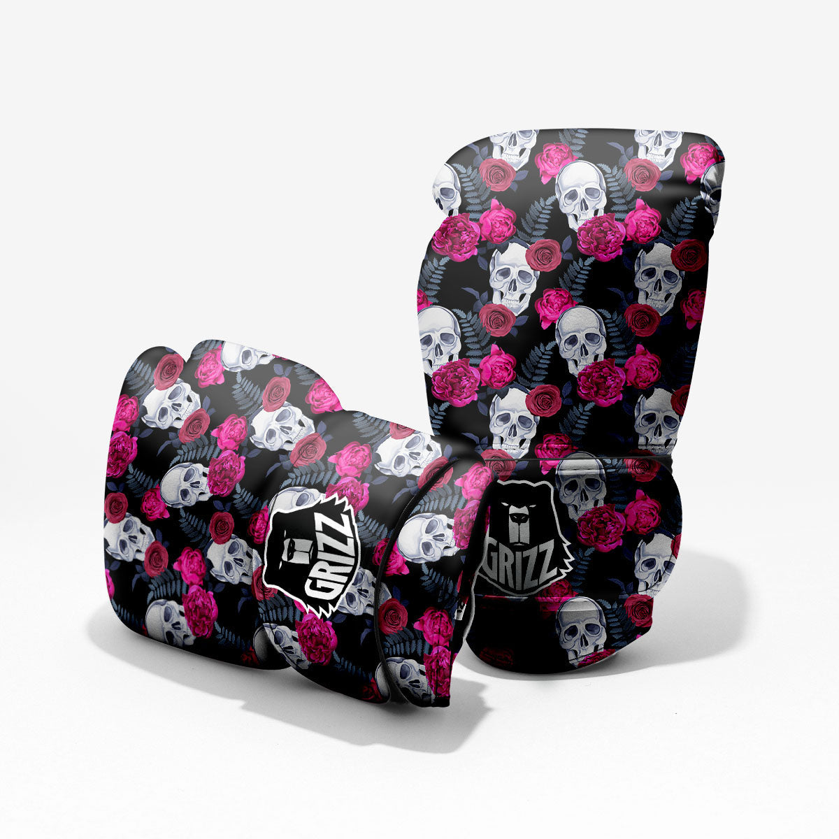 Skull Red Peony Print Pattern Pro Boxing Glove