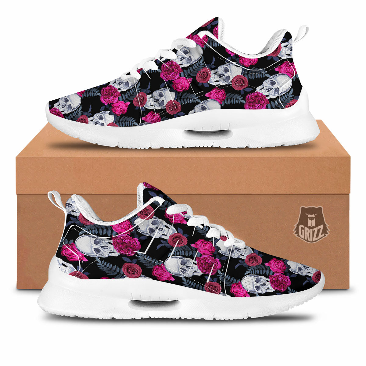 Skull Red Peony Print Pattern Tennis Shoes-grizzshop