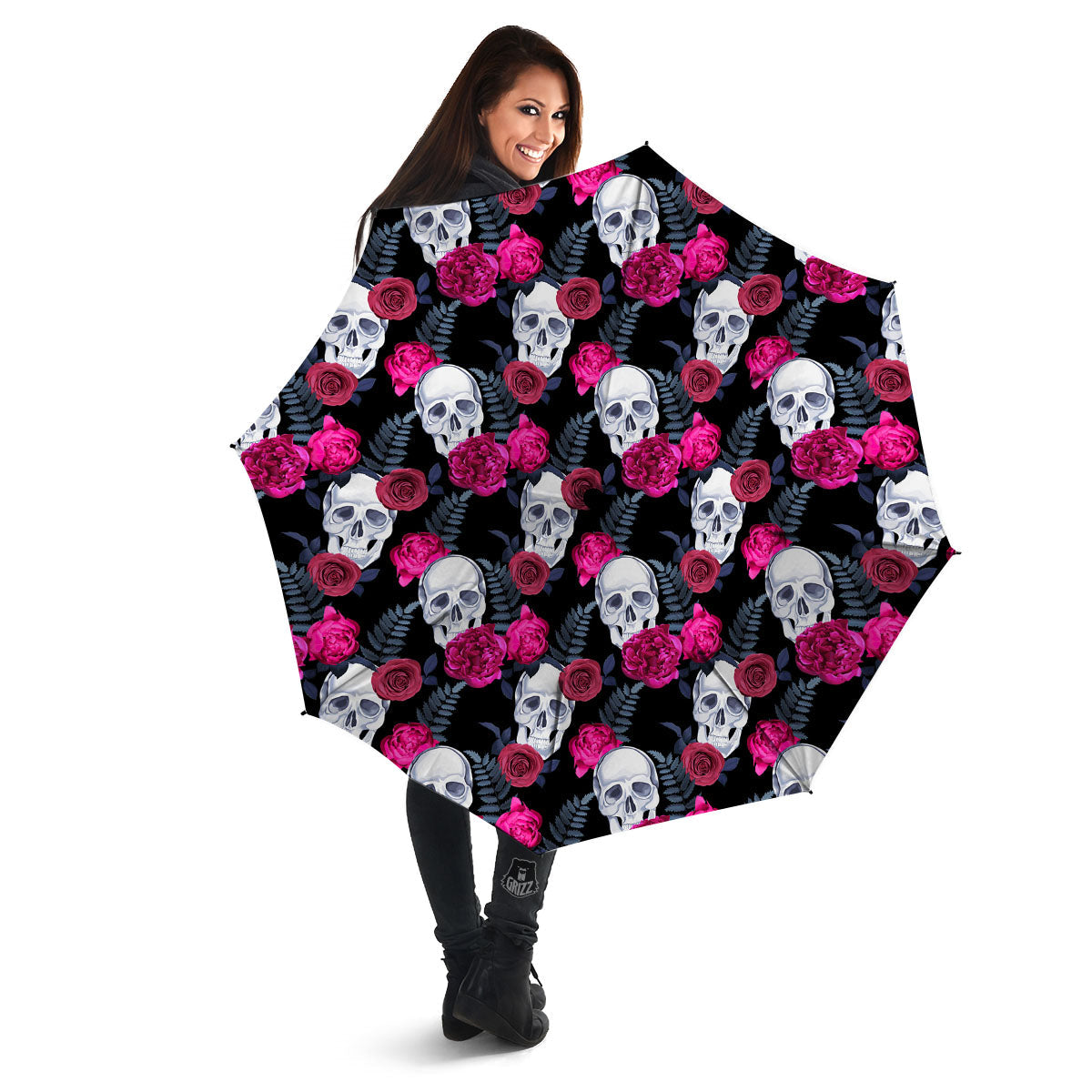 Skull Red Peony Print Pattern Umbrella-grizzshop