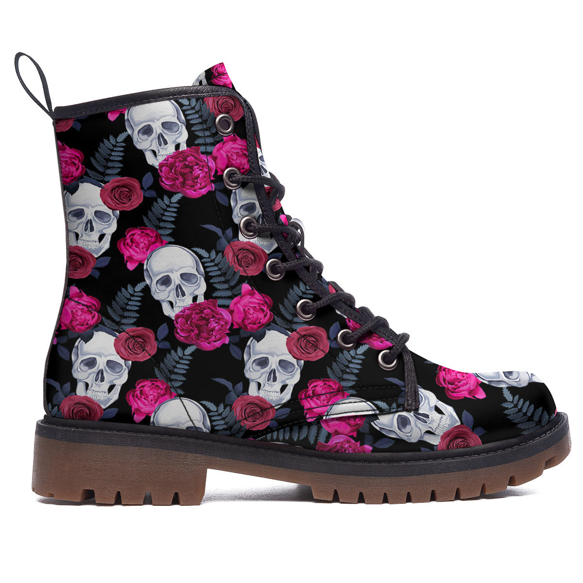 Skull Red Peony Print Pattern Work Boots-grizzshop