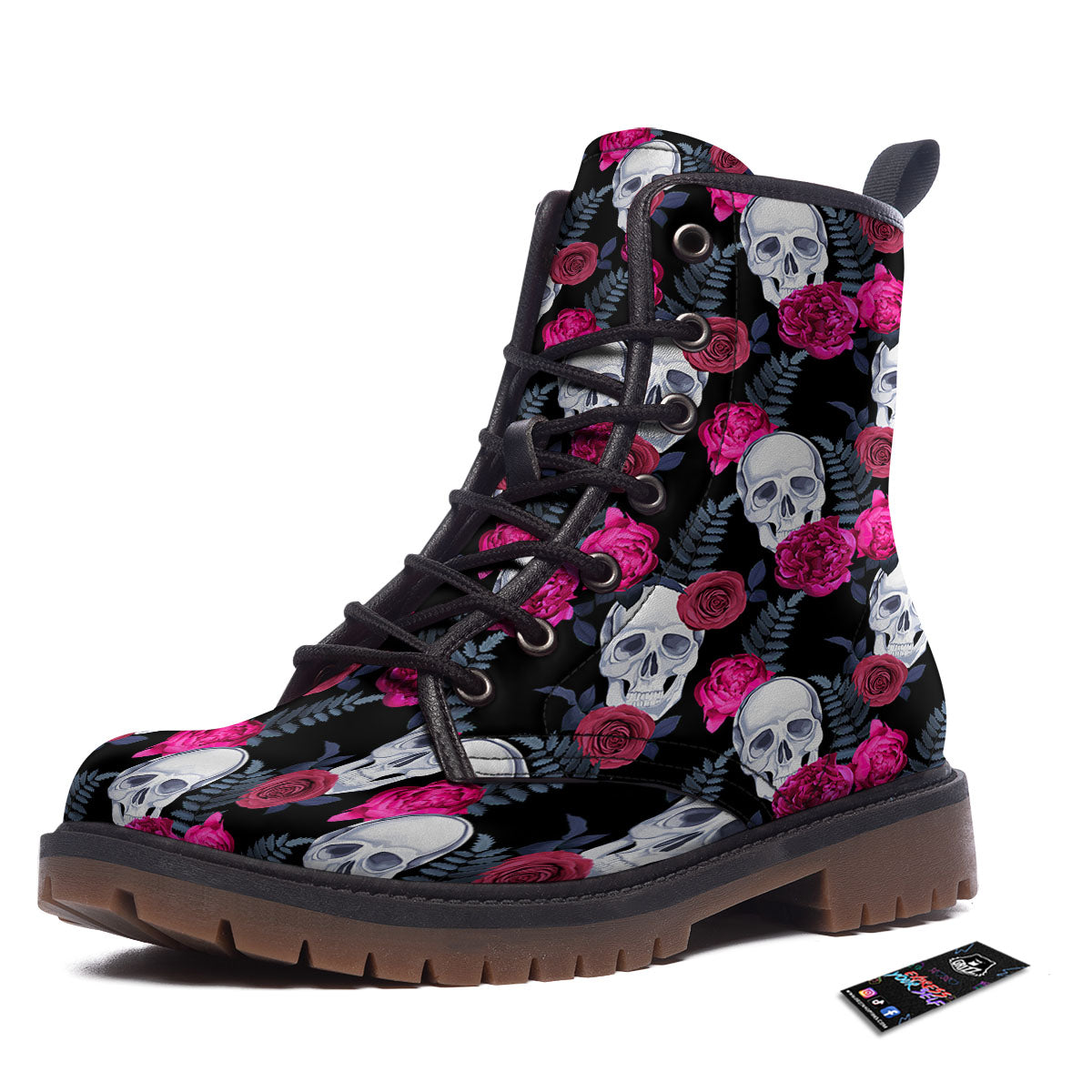 Skull Red Peony Print Pattern Work Boots-grizzshop