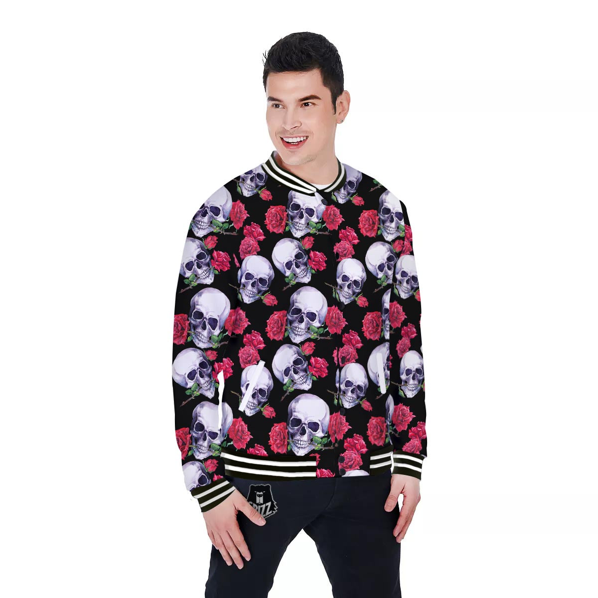 Skull Red Rose Print Pattern Baseball Jacket-grizzshop