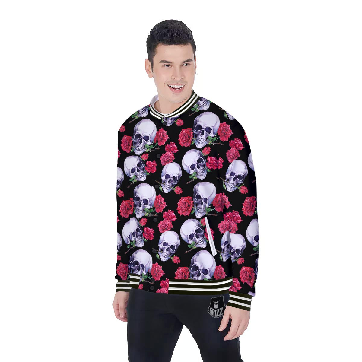 Skull Red Rose Print Pattern Baseball Jacket-grizzshop