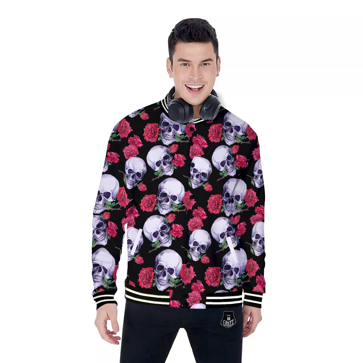 Skull Red Rose Print Pattern Baseball Jacket-grizzshop