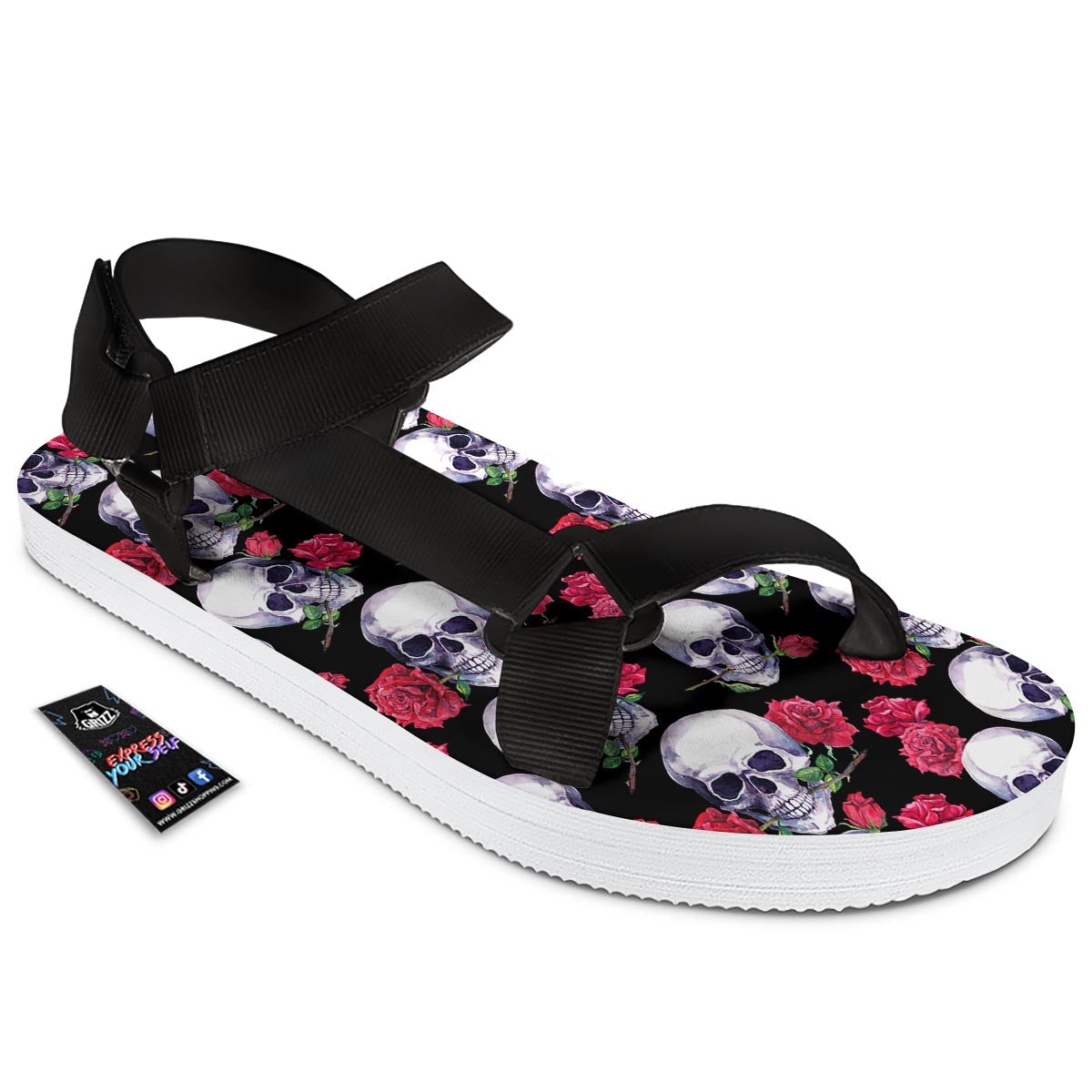 Skull Red Rose Print Pattern Black Open Toe Sandals-grizzshop