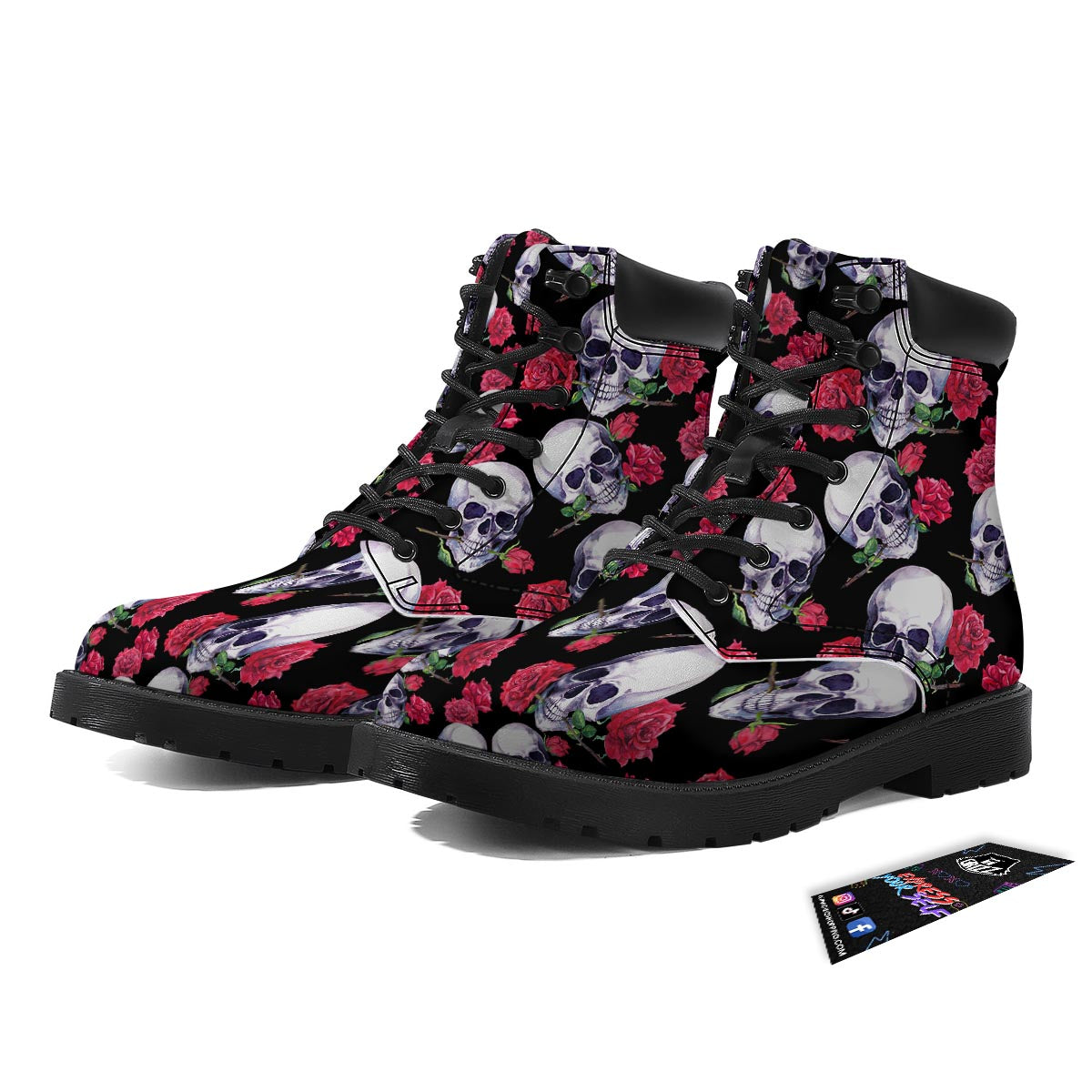 Skull Red Rose Print Pattern Boots-grizzshop