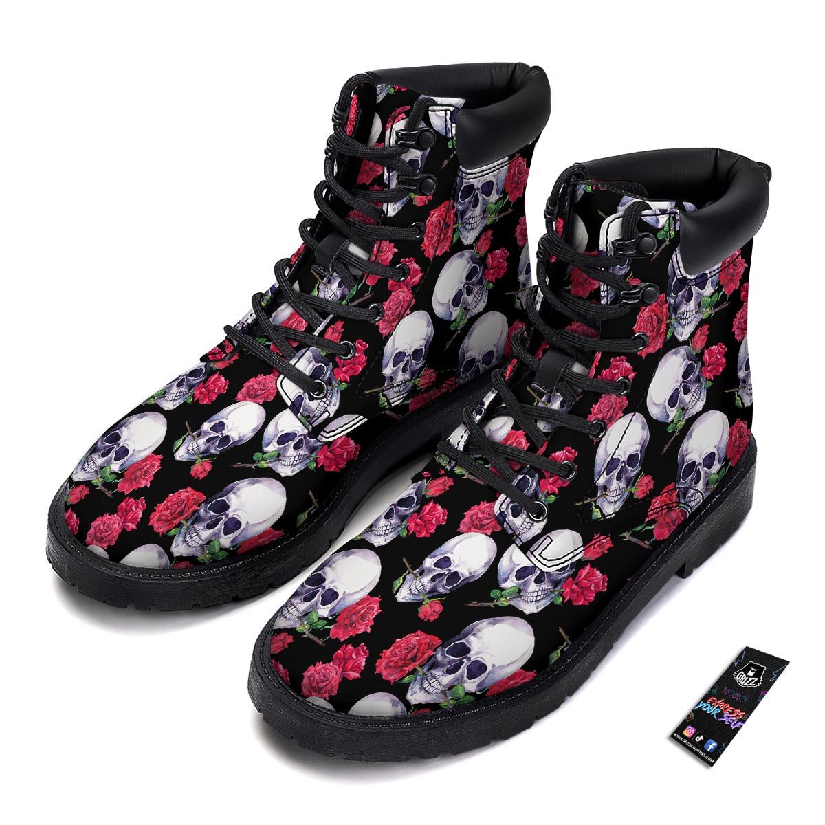 Skull Red Rose Print Pattern Boots-grizzshop