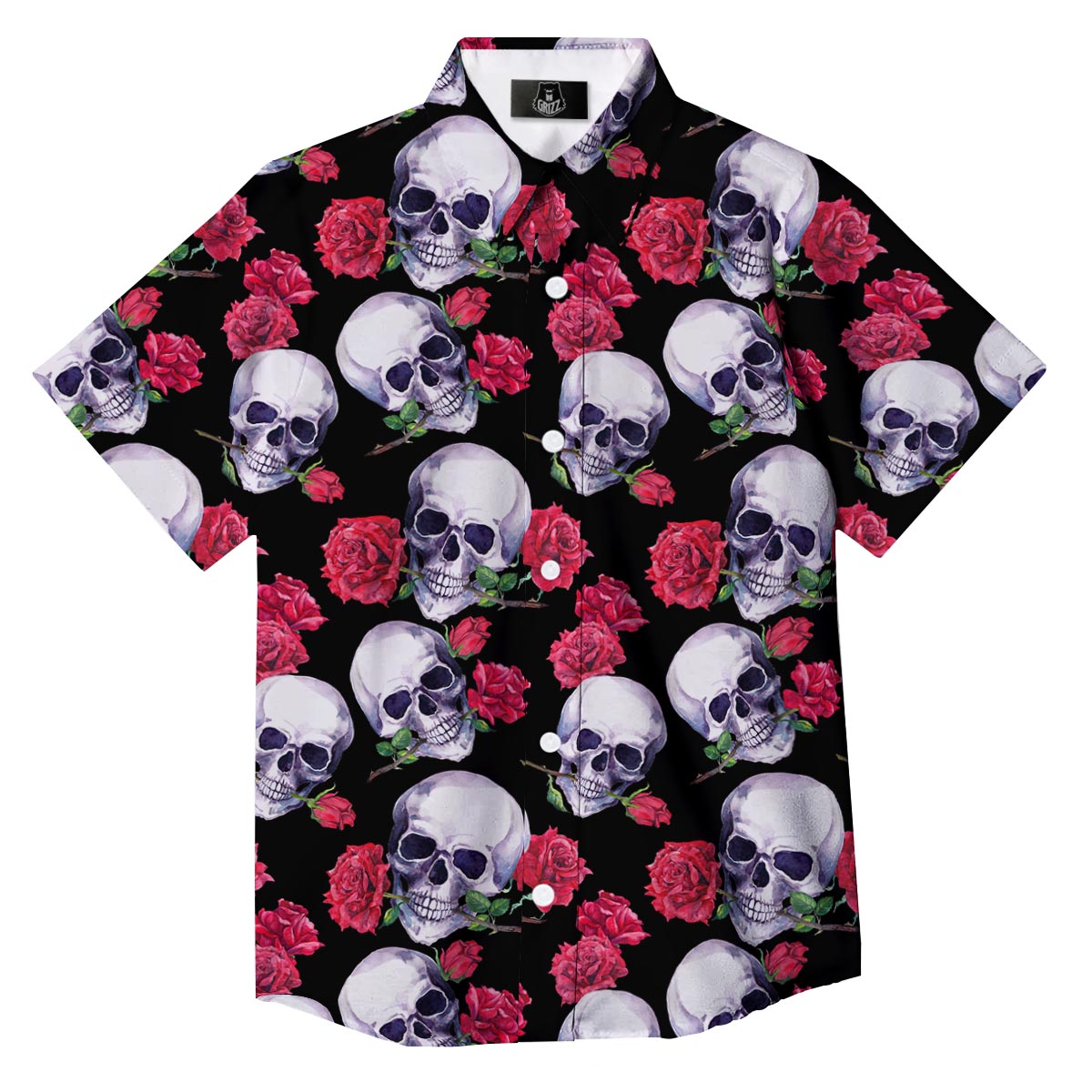 Skull Red Rose Print Pattern Button Up Shirt-grizzshop